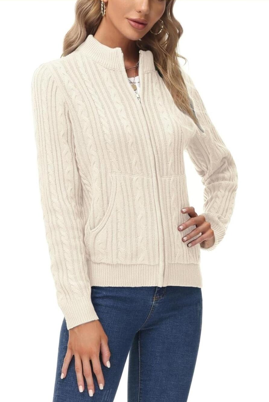 KANCY KOLE Women's S Zip Up Sweaters Jacket Cable Knit Cardigan Apricot White